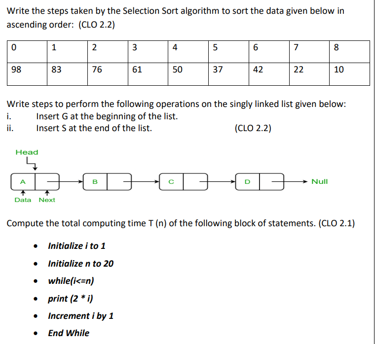  Write the steps taken by the Selection Sort algorithm to sort