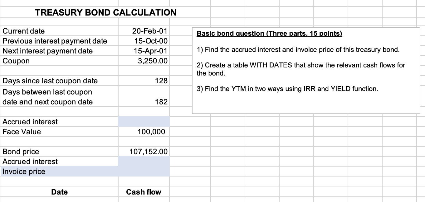 TREASURY BOND CALCULATION Basic bond question (Three parts, 15 points) Current