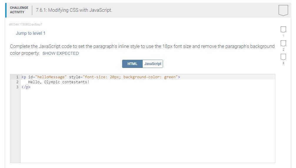  Complete the JavaScript code to set the paragraph's inline style to