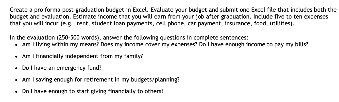 Create a pro forma post-graduation budget in Excel. Evaluate your budget