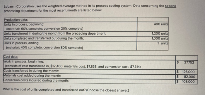  Lebaum Corporation uses the weighted average method in its process costing