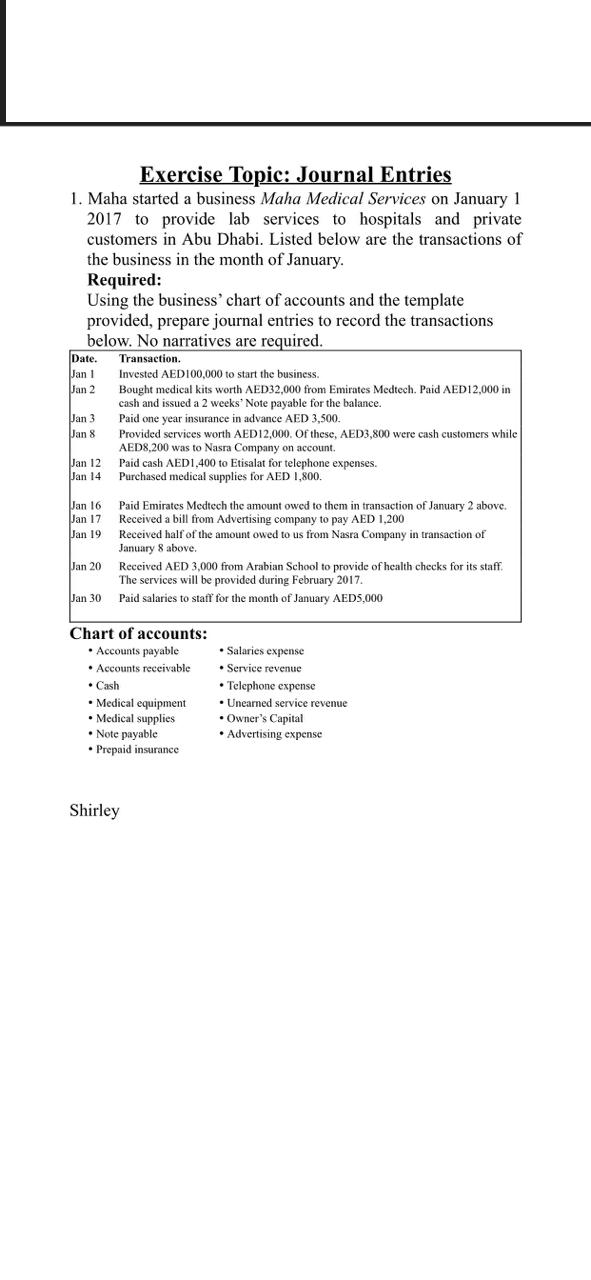 Exercise Topic: Journal Entries 1. Maha started a business Maha Medical