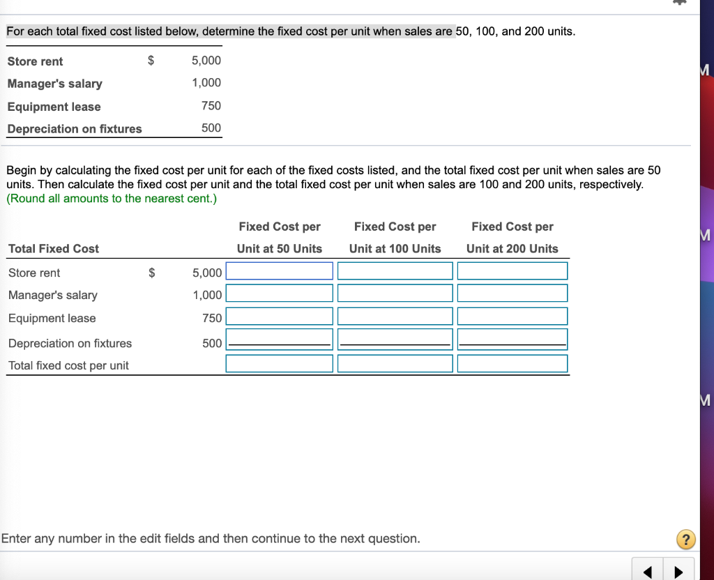  For each total fixed cost listed below, determine the fixed cost