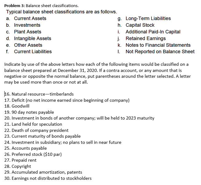 PLEASE READ CAREFULLY THE INSTRUCTIONS Problem 3: Balance sheet classifications. Typical balance
