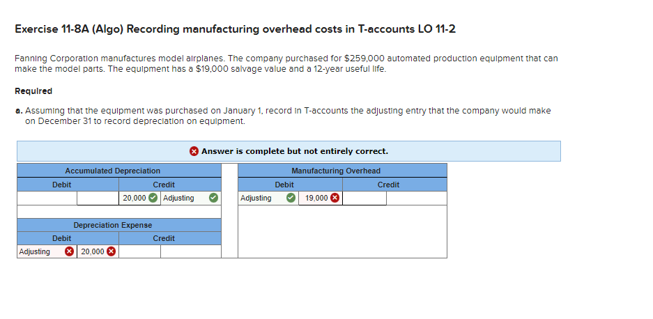 Exercise 11-8A (Algo) Recording manufacturing overhead costs in T-accounts LO 11-2