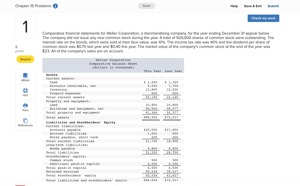  Chapter 15 Problems Saved Help Save & Exit Submit Check my