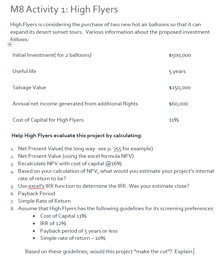  use excel sheet and show all work please! M8 Activity 1: