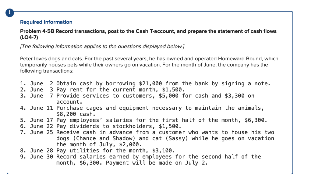 Required information Problem 4-5B Record transactions, post to the Cash T-account,