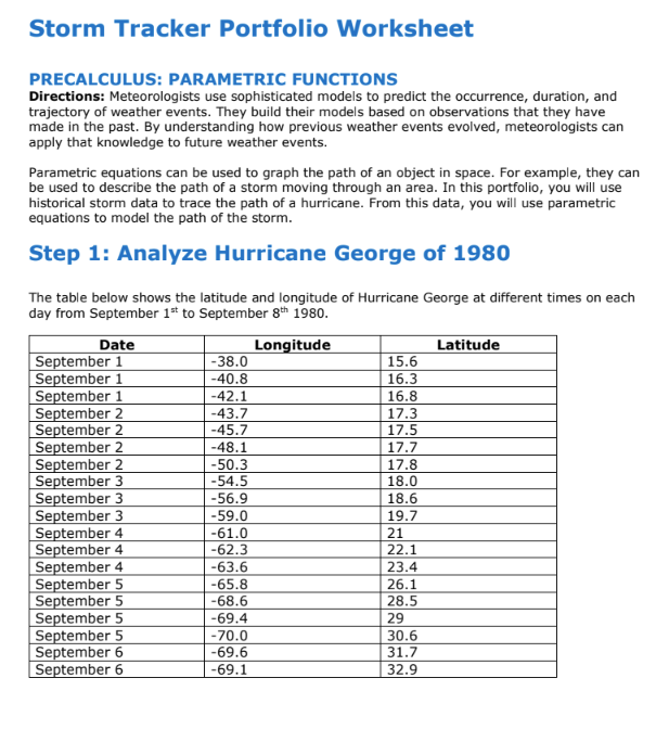 I need help with step 3. Storm Tracker Portfolio Worksheet PRECALCULUS: PARAMETRIC