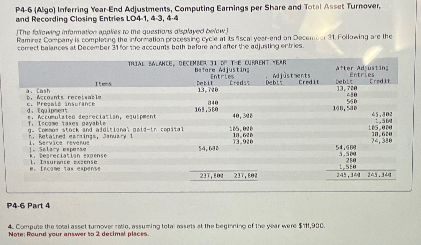  View previous attempt P4-6(Algo) Inferring Year-End Adjustments, Computing Earnings per Share