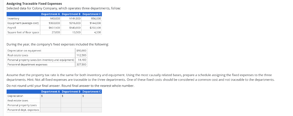 Assigning Traceable Fixed Expenses Selected data for Colony Company, which operates