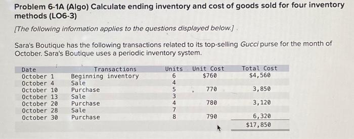 please help!!! Problem 6-1A (Algo) Calculate ending inventory and cost of goods
