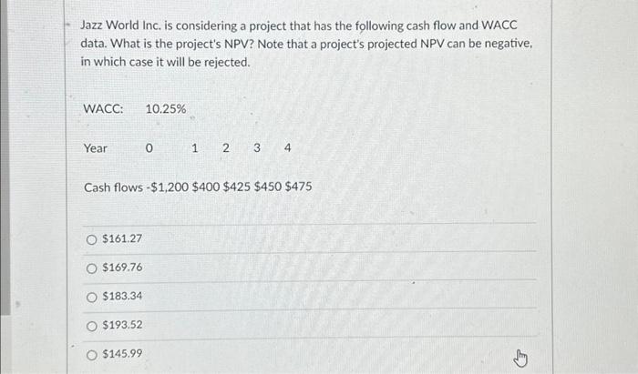  Jazz World Inc. is considering a project that has the following