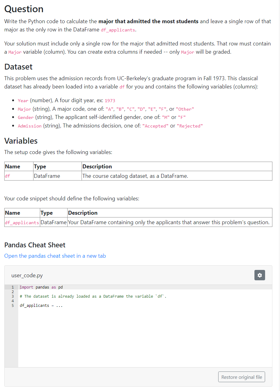  Question Write the Python code to calculate the major that admitted