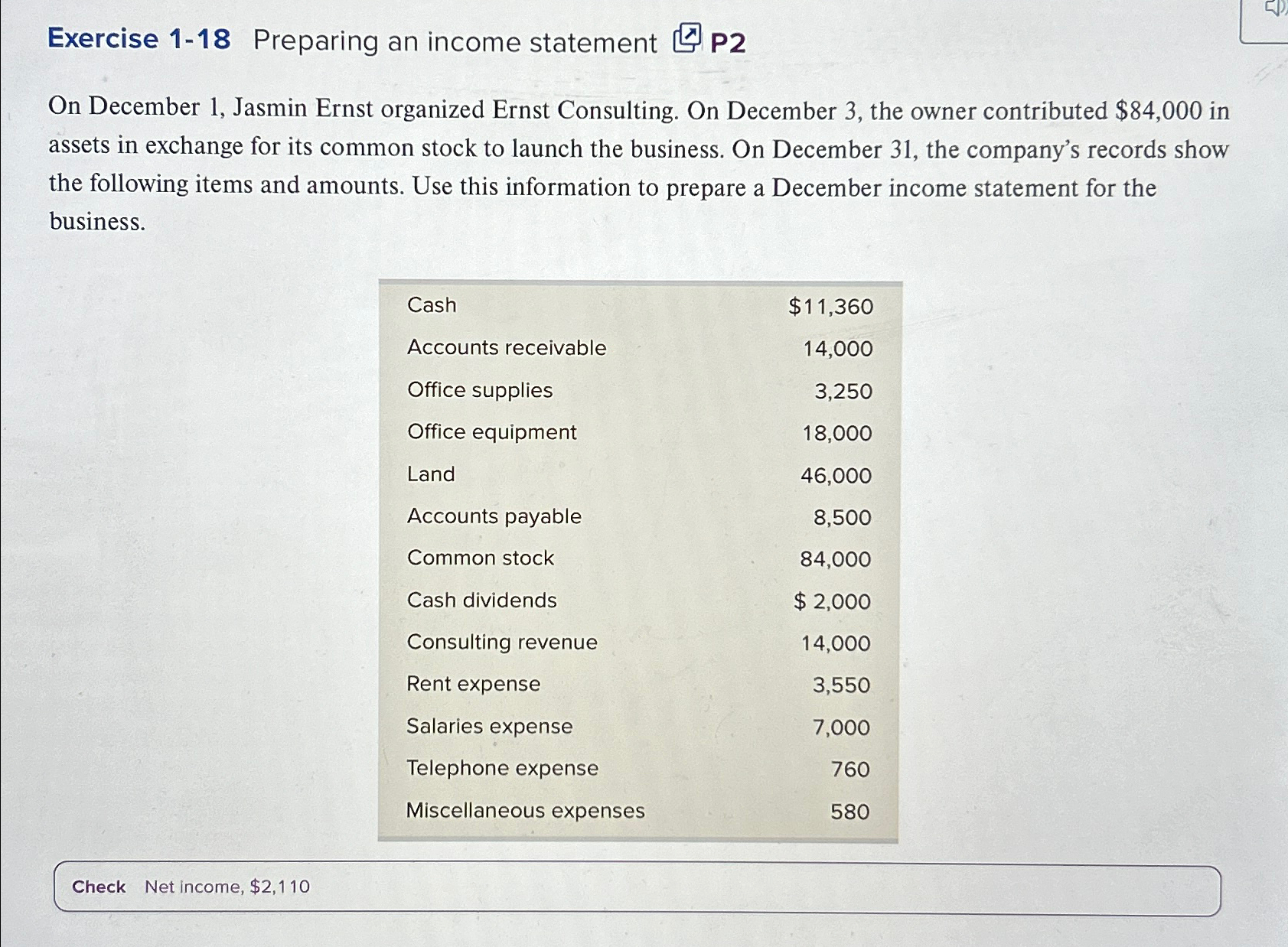  Exercise 1-18 Preparing an income statement P2 On December 1, Jasmin