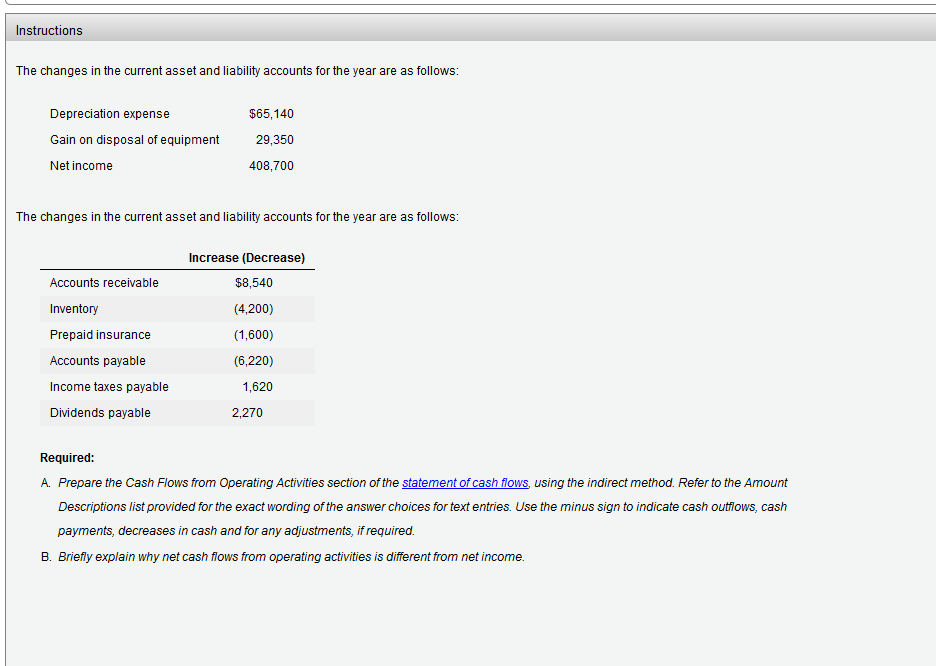 Instructions The changes in the current asset and liability accounts for