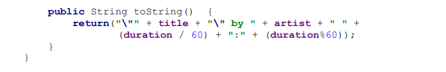 int duration; public Song() { this("", "", 0, 0); } public Song(String