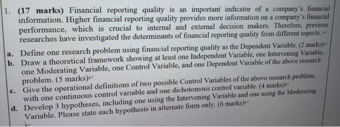  1. (17 marks) Financial reporting quality is an important indicator of