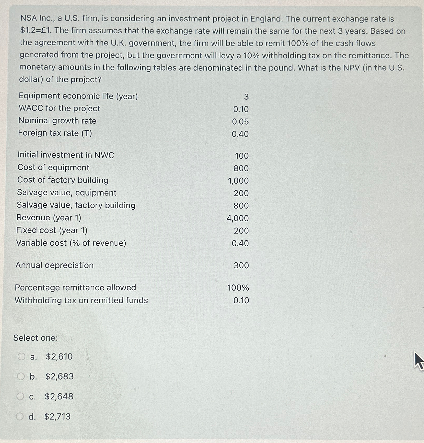  NSA Inc., a U.S. firm, is considering an investment project in