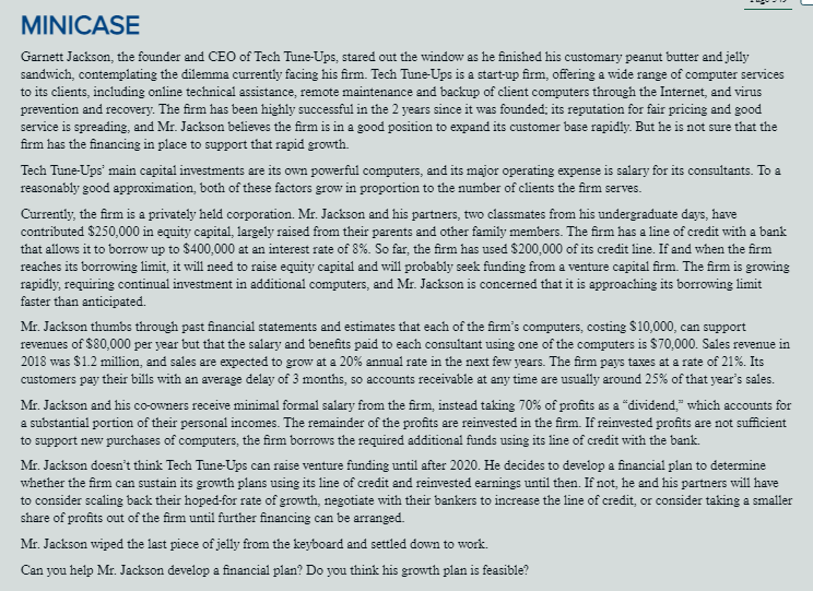 I need help creating a financial plan on Excel. TIA! MINICASE