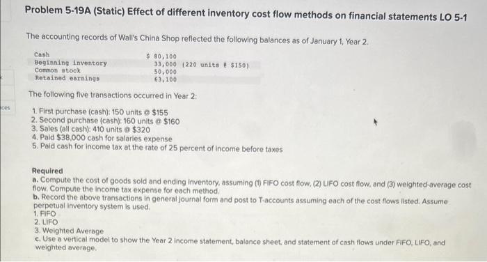  Problem 5-19A (Static) Effect of different inventory cost flow methods on