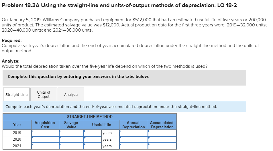 Problem 18.3A Using the straight-line and units-of-output methods of depreciation. LO