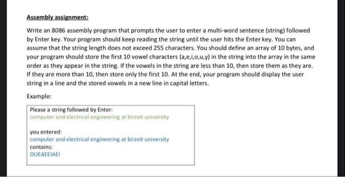  Assembly assignment: Write an 8086 assembly program that prompts the user