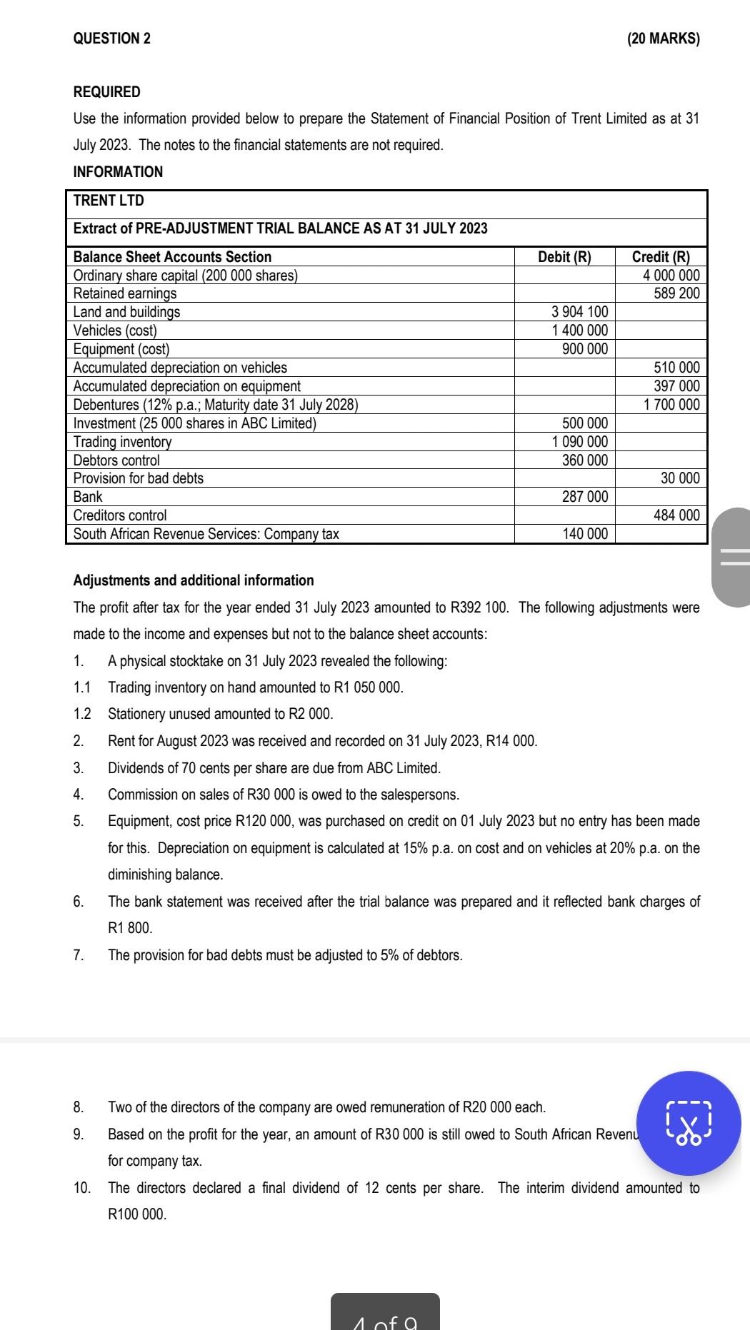 REQUIRED Use the information provided below to prepare the Statement of