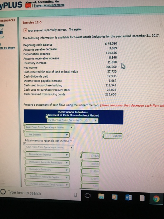  Accounting, ?? Exercise 12-5 Your answer is partially correct. Try again.