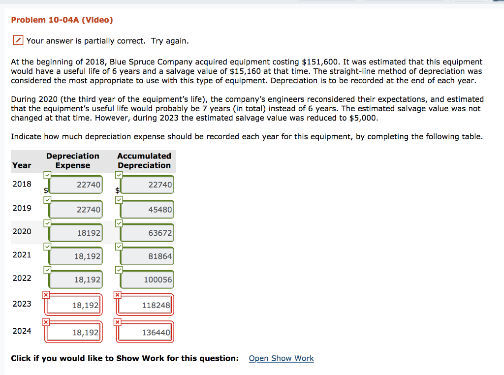 Problem 10-04A (Video) | Your answer is partially correct. Try again