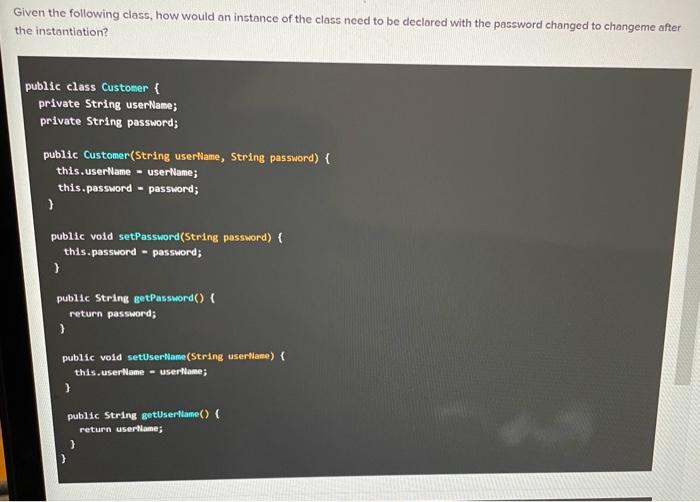  java help, will leave a like. Given the following class, how
