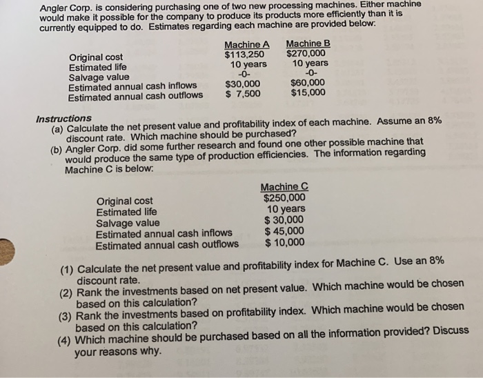  Angler Corp. is considering purchasing one of two new processing machines.