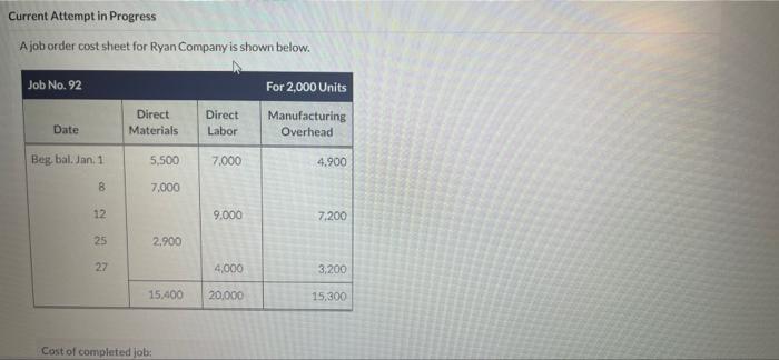  Current Attempt in Progress A job order cost sheet for Ryan