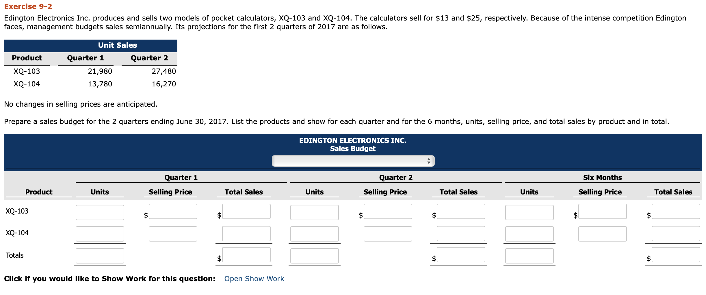  Exercise 9-2 Edington Electronics Inc. produces and sells two models of