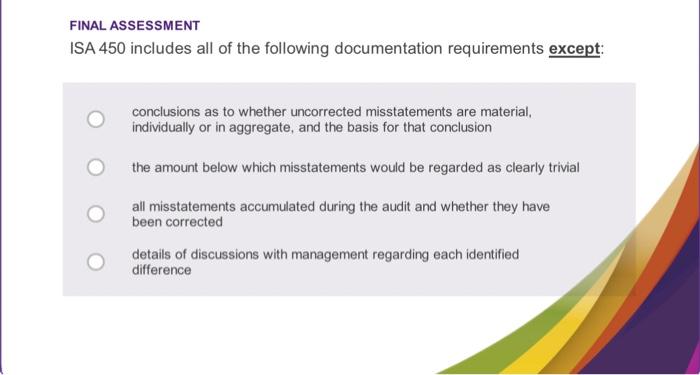 please help me ISA 450 FINAL ASSESSMENT ISA 450 includes all of