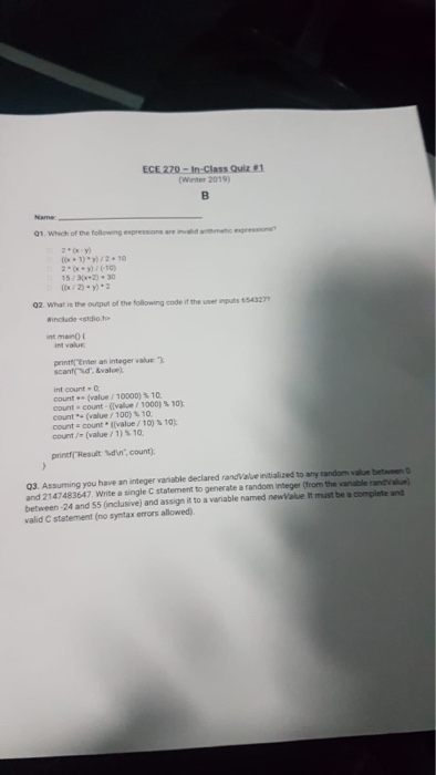  Please do it fast ECE 270-In-Class Quiz (Winter 2019) 1) y)/2