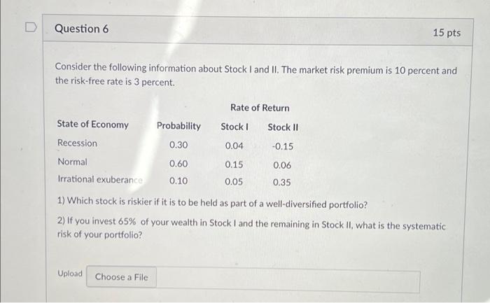  D Question 6 15 pts Consider the following information about Stock