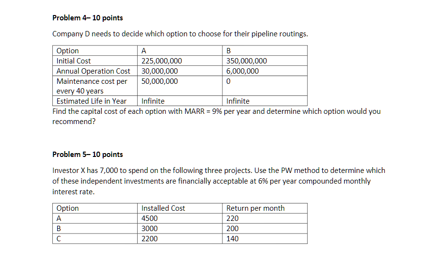 in the table. Option Initial Cost 200 350 475 Annual Operation Cost