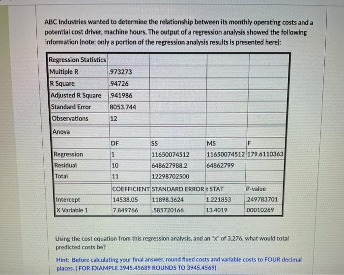 ABC Industries wanted to determine the relationship between its monthly operating