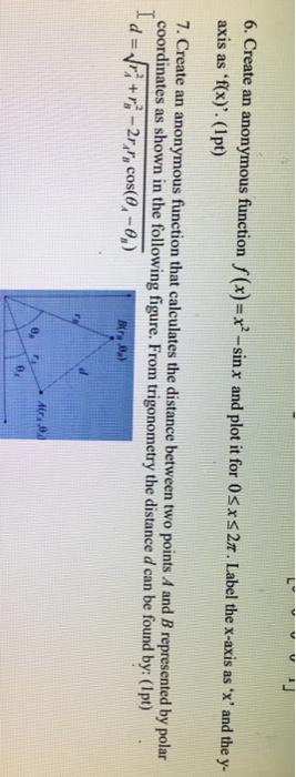  6. Create an anonymous function f (x)-x, sinx and plot it