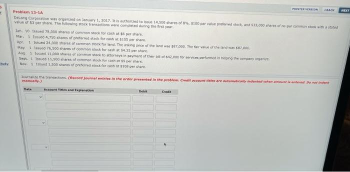  5 1 PRINTFE VERSION RACK NEXT Problem 13-1A De Corporation was