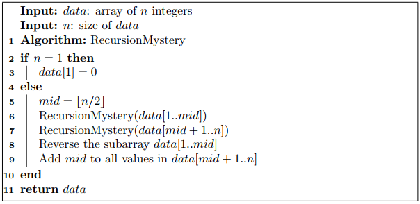 Find the worst-case time complexity of the RecursionMystery algorithm below. Show your
