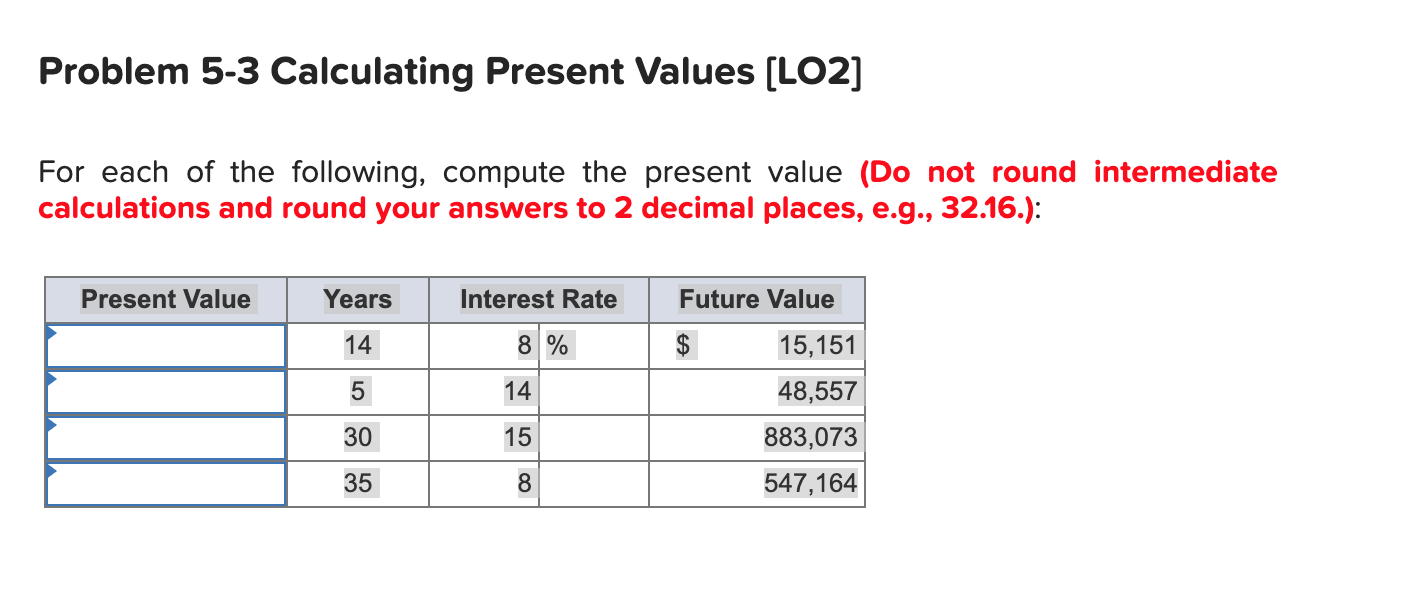  Problem 5-3 Calculating Present Values (LO2] For each of the following,