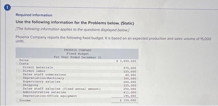  Required information Use the following information for the Problems below. (Static)