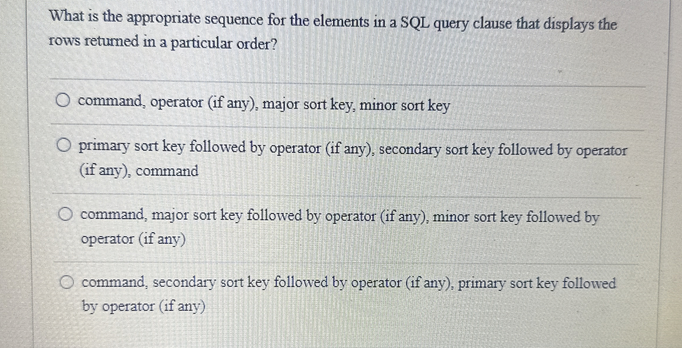  What is the appropriate sequence for the elements in a SQL