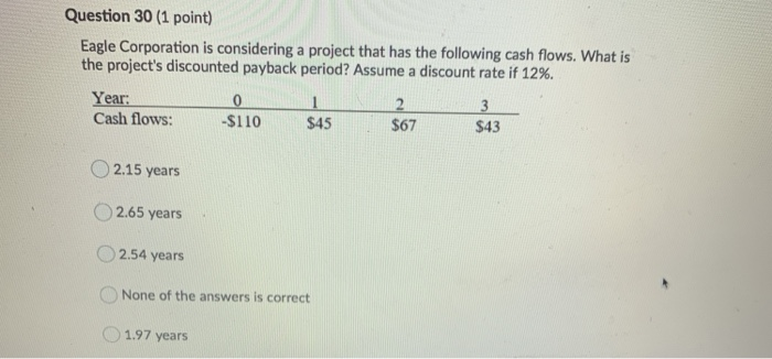  Question 30 (1 point) Eagle Corporation is considering a project that