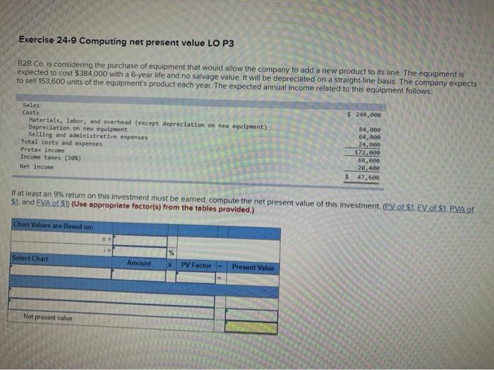  Exercise 24-9 Computing net present value LO P3 B2B Co. is