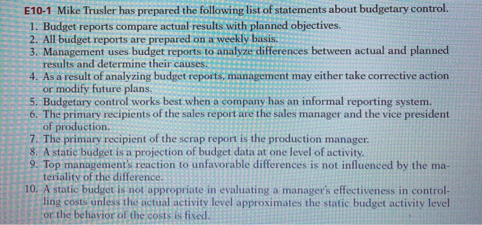  managerial accounting - . - F E10-1 Mike Trusler has prepared