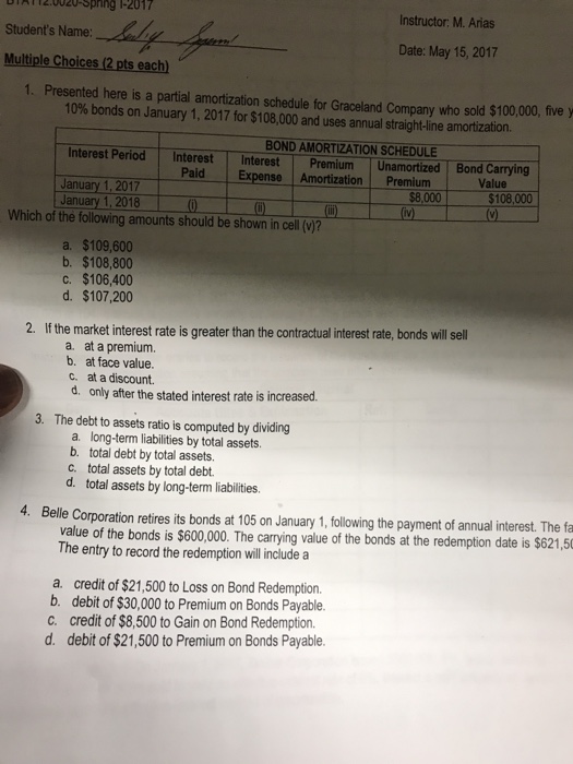  Presented here is a partial amortization schedule for Graceland Company who