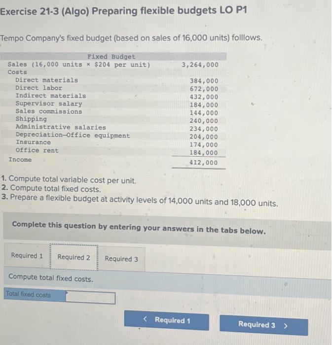 budget (based on sales of 16,000 units) folllows. 1. Compute total variable
